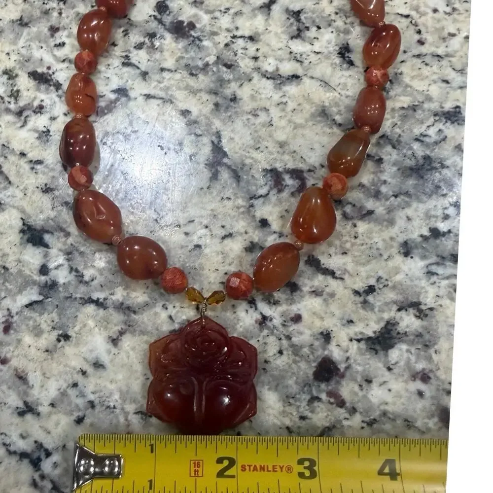 Vintage Korea Carnelian Rose Pendant Necklace Hand Carved Statement Floral 111g